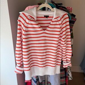 Striped V-Neck Sweater - Orange and White